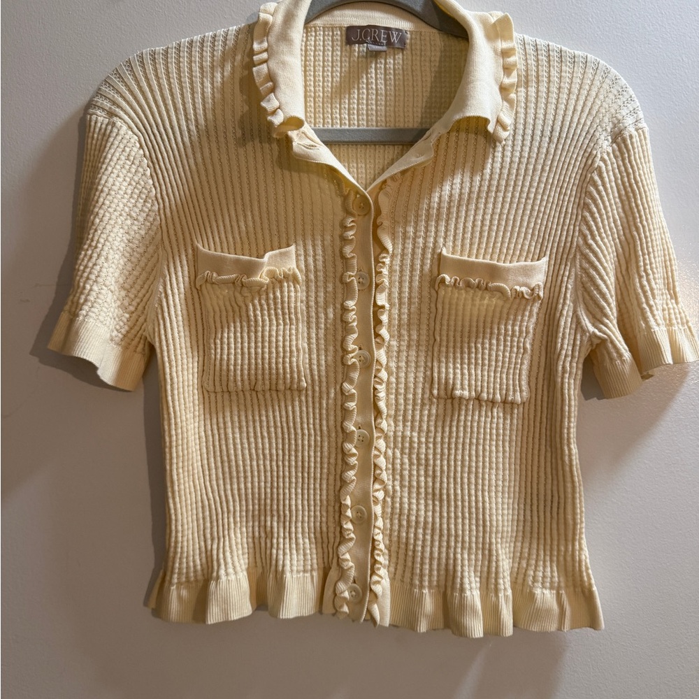 J. Crew Pale Yellow Ruffle-Trim Knit Short Sleeve Cardigan